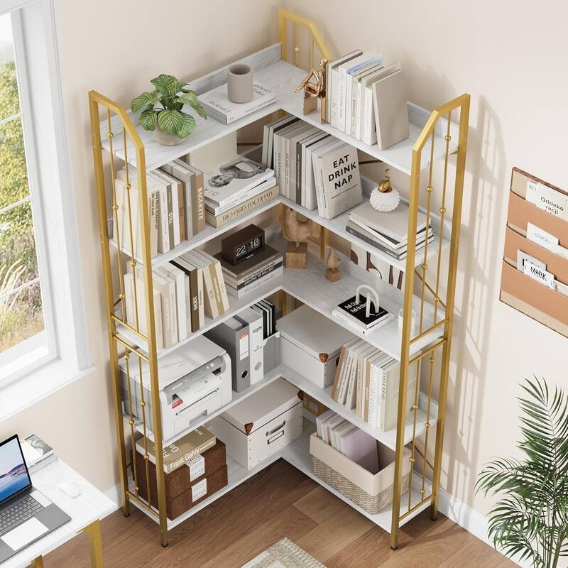 72" 5 Tier Industrial Corner Bookshelf, L-Shaped Bookcase - N/A