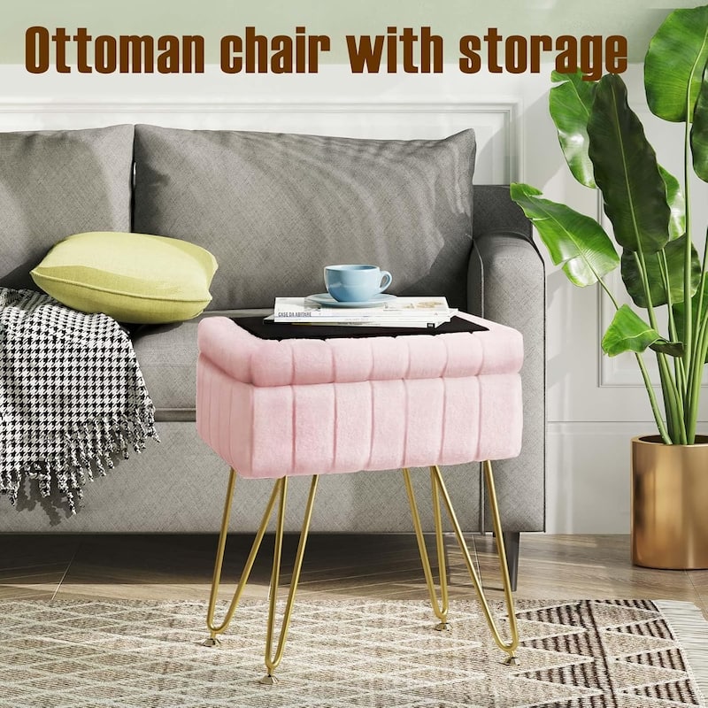 Vanity Stool Chair with Storage, Ottoman Boucle Soft Padded Makeup Footstools Seat 1PCS - 12.2"D x 16"W x 18.9"H