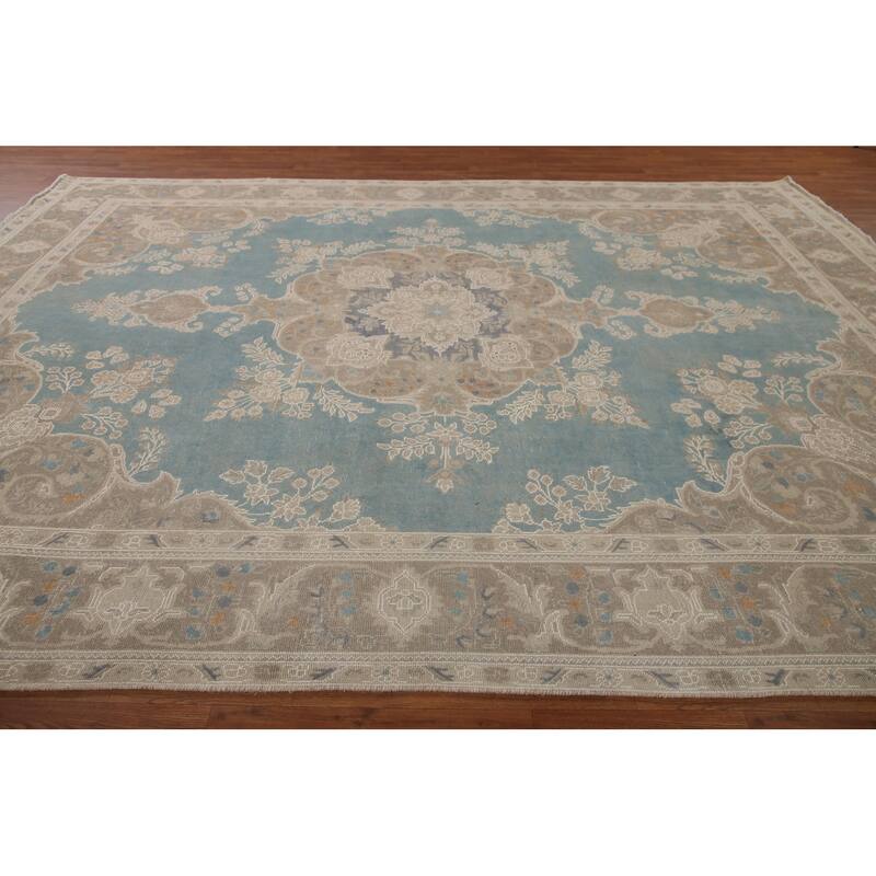 Hand Knotted Oriental 100% Wool Carpet Traditional Floral Navy Blue & Blues Tabriz Area Rug - 13' 0'' X 9' 8''