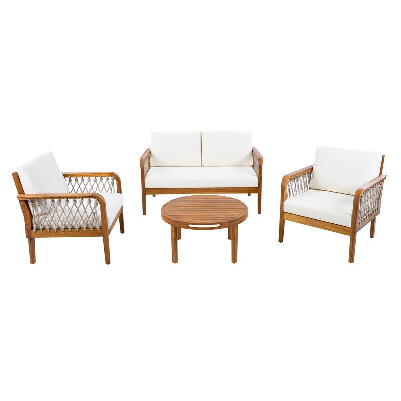 Christopher Knight Home - Outdoor 4-Piece Chat Set with Acacia Loveseat, Armchairs & Coffee Table, Handwoven Rope Accents - Teak Finish+Oatmeal Rope+Cream Cushion