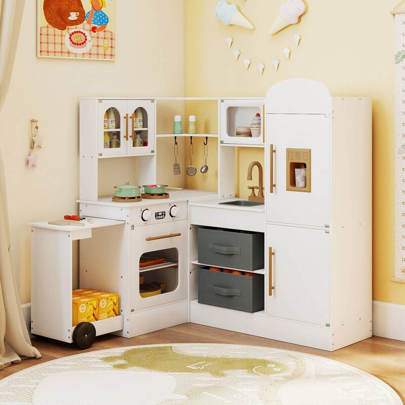 Costway Corner Kitchen with Lights and Sounds Interactive Wooden - See Details