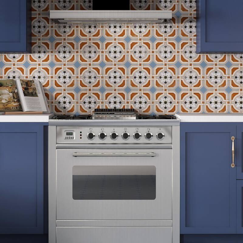 Merola Tile Vaudeville Octagon Deco Zimer with Taco Azzuro 7-7/8" x 7-7/8" Porcelain Floor and Wall Tile - Case (50 Tiles)