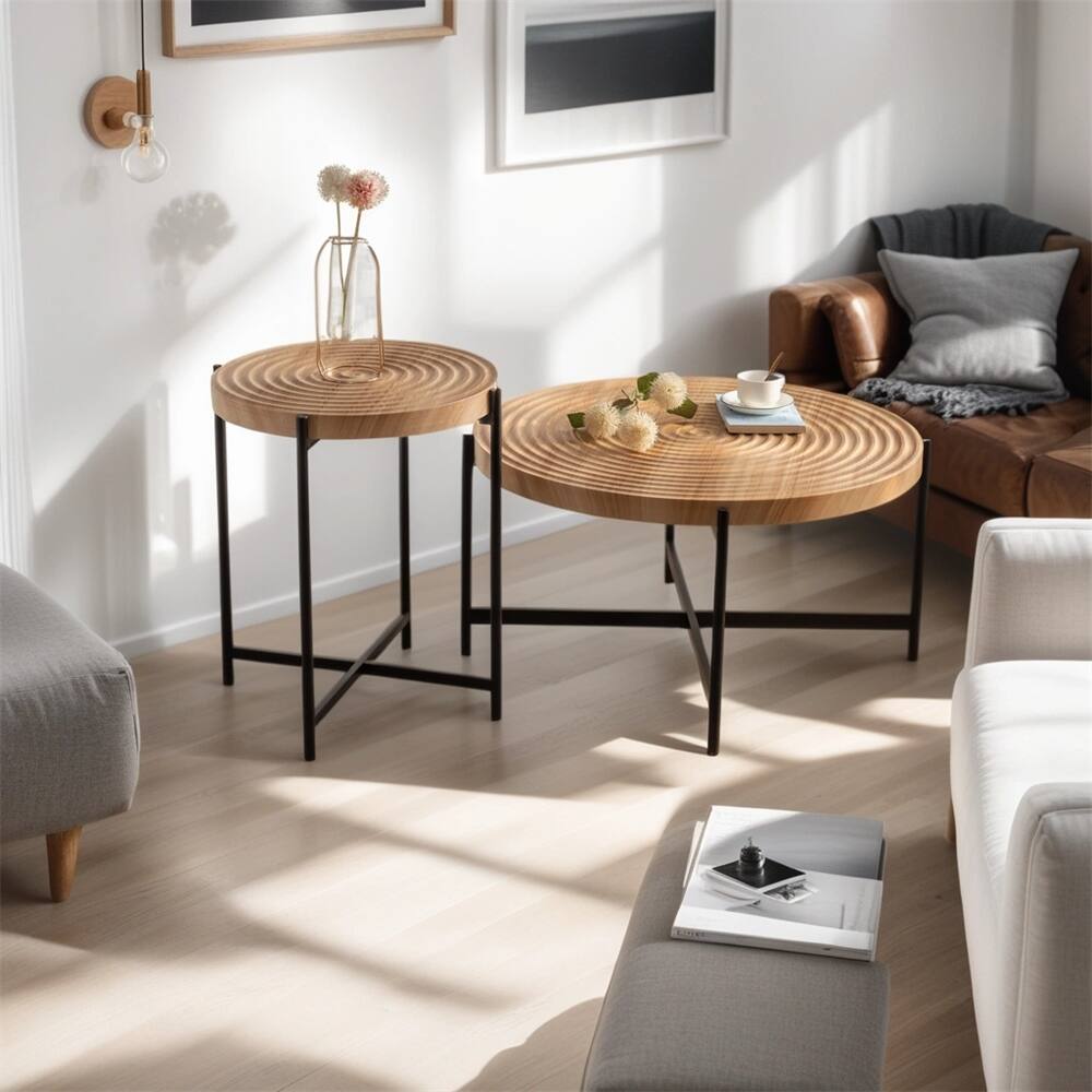 Wood Thread Round Coffee Table with Cross Legs Metal Base(Set of 2