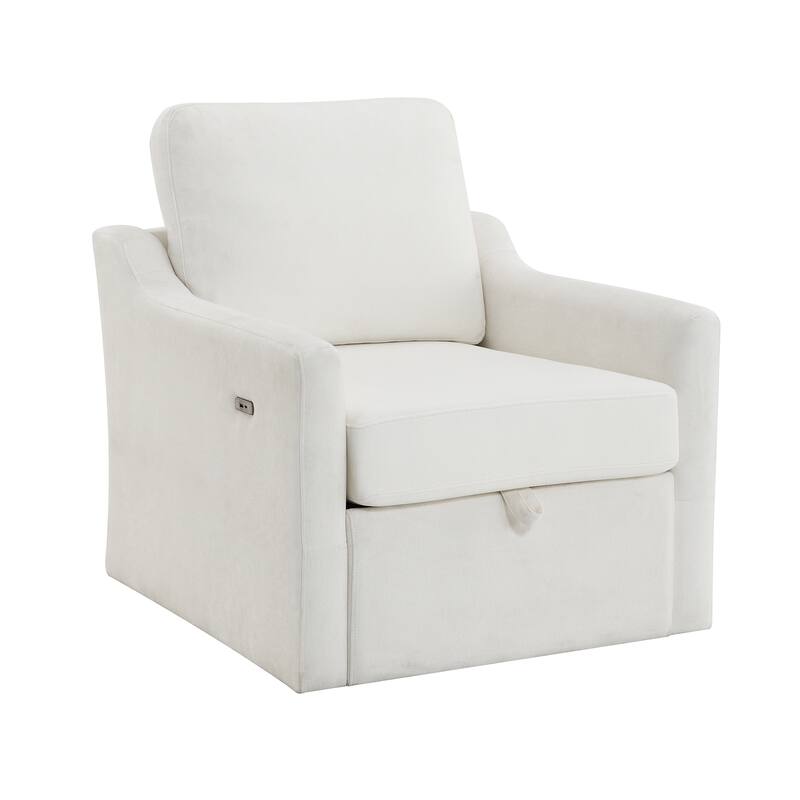 Swivel Arm Chair with Soft Chenille Fabric, Comfy Accent Chair With USB+TYPE-C charging and book pocket, 1 PC, White