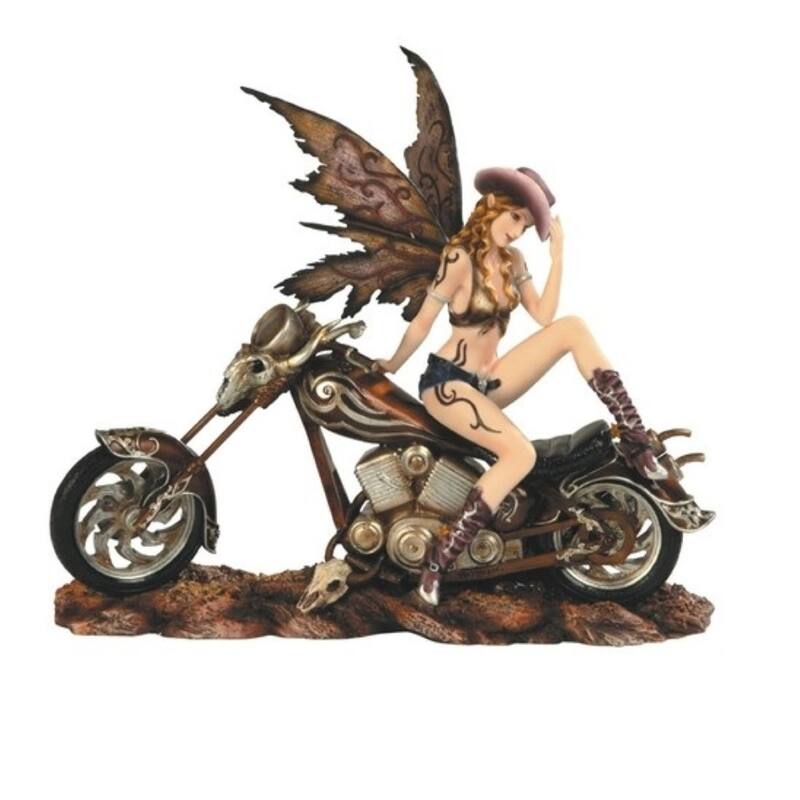 Q-Max Brown Cowgirl Fairy on Motorcycle Statue Fantasy Decoration Figurine