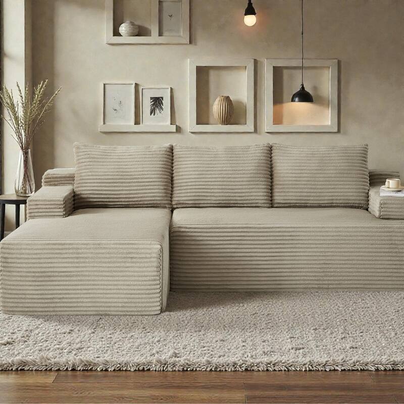L Shaped Cloud Sectional Sofa with Deep Seat, Corduroy Modular Sleeper Couch, No Assembly Required