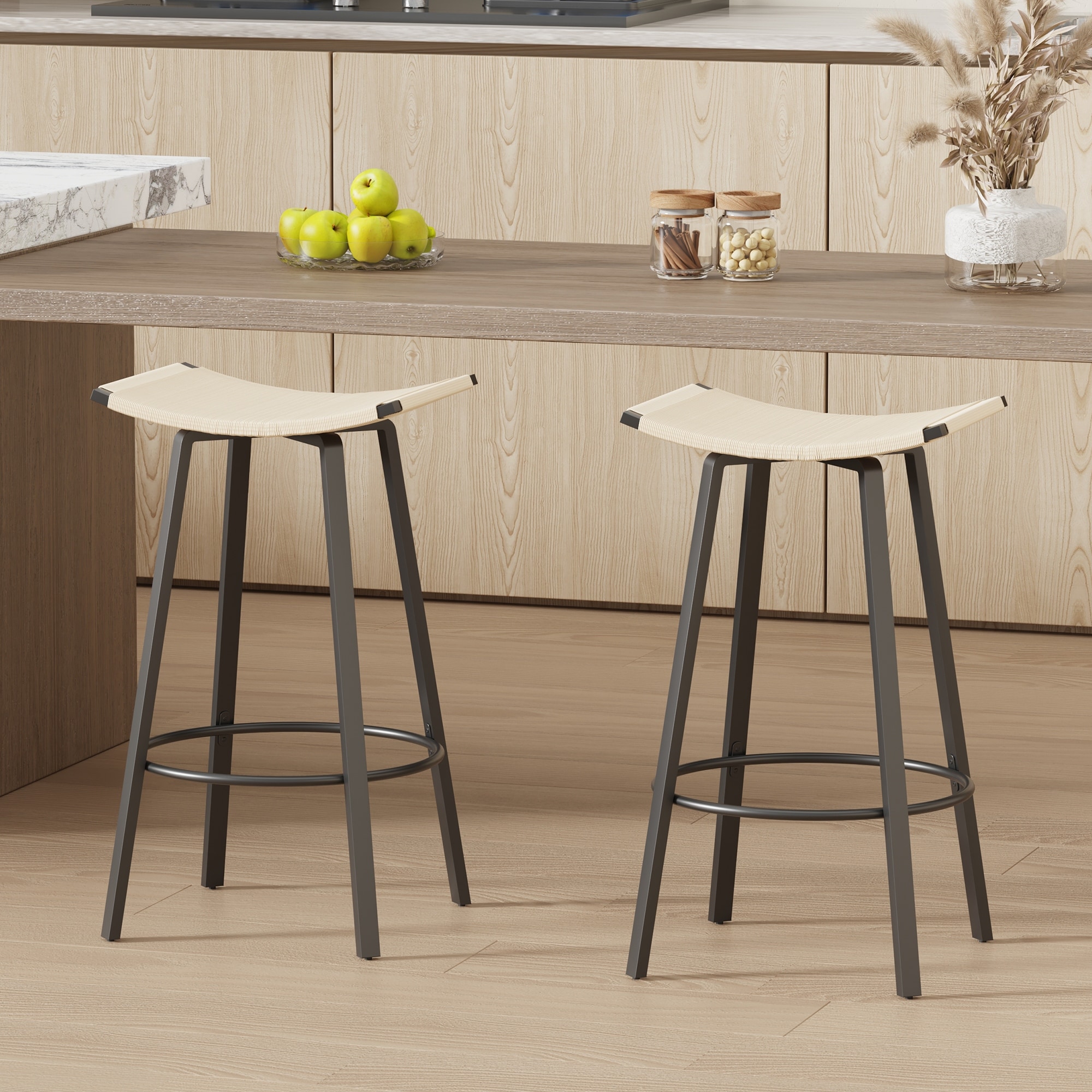 Boho Set of 2 Indoor/Outdoor Backless Bar Stools, Handwoven Seat, Metal Frame & Rounded Footrest by GDFStudio