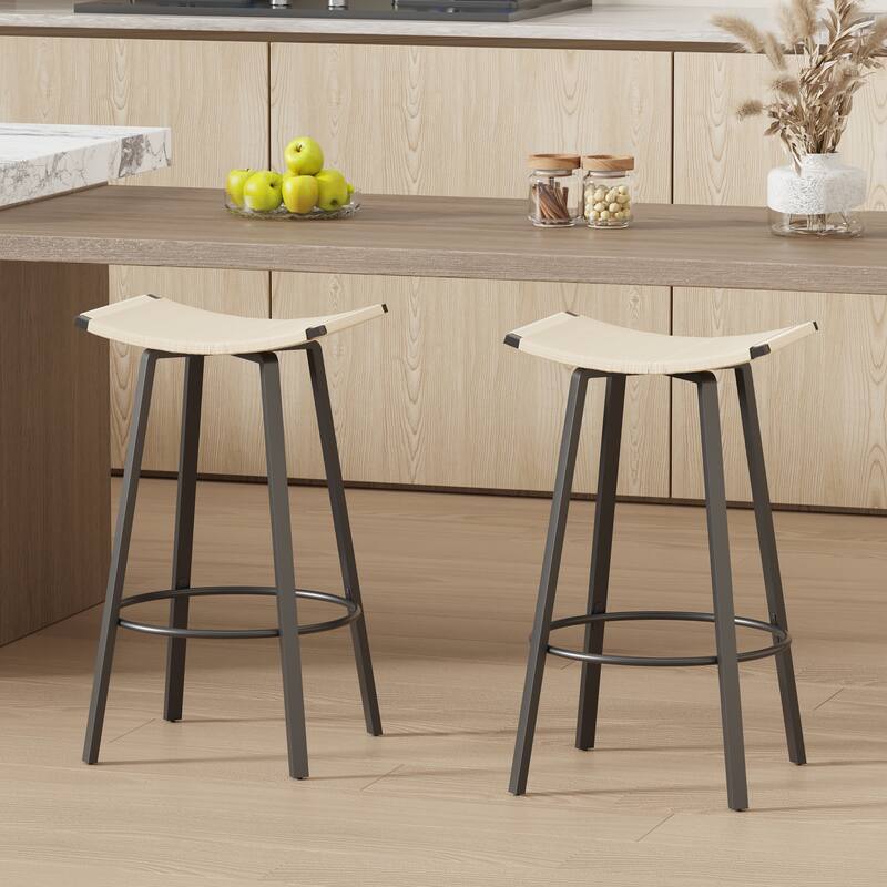 Counter Height Bar Stools Set of 2, Backless Handwoven Kitchen Dining Chairs w/Round Footrest PVC Weaving Pub Stool for Counter