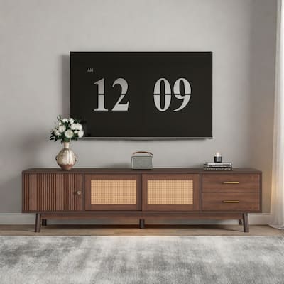 70.87" Rattan TV Stand with Sliding Doors - Solid Wood Legs and 2 Large Drawers ,Modern Boho Design for 75" TVs