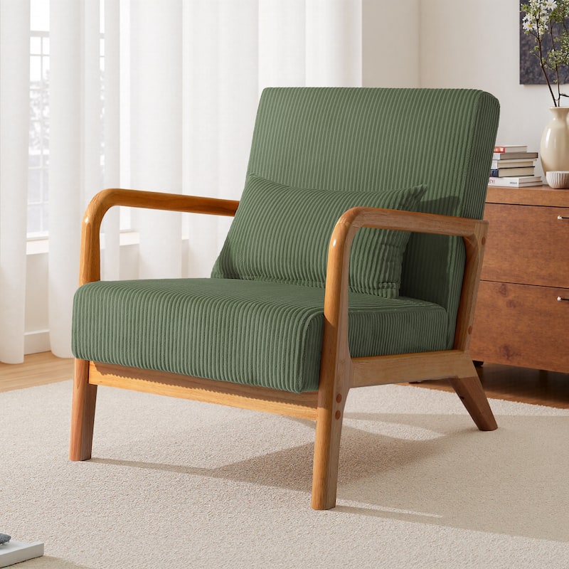 25" W Mid Century Upholstered Wood Accent Chair with Pillow - Dark Wood - Grey Green