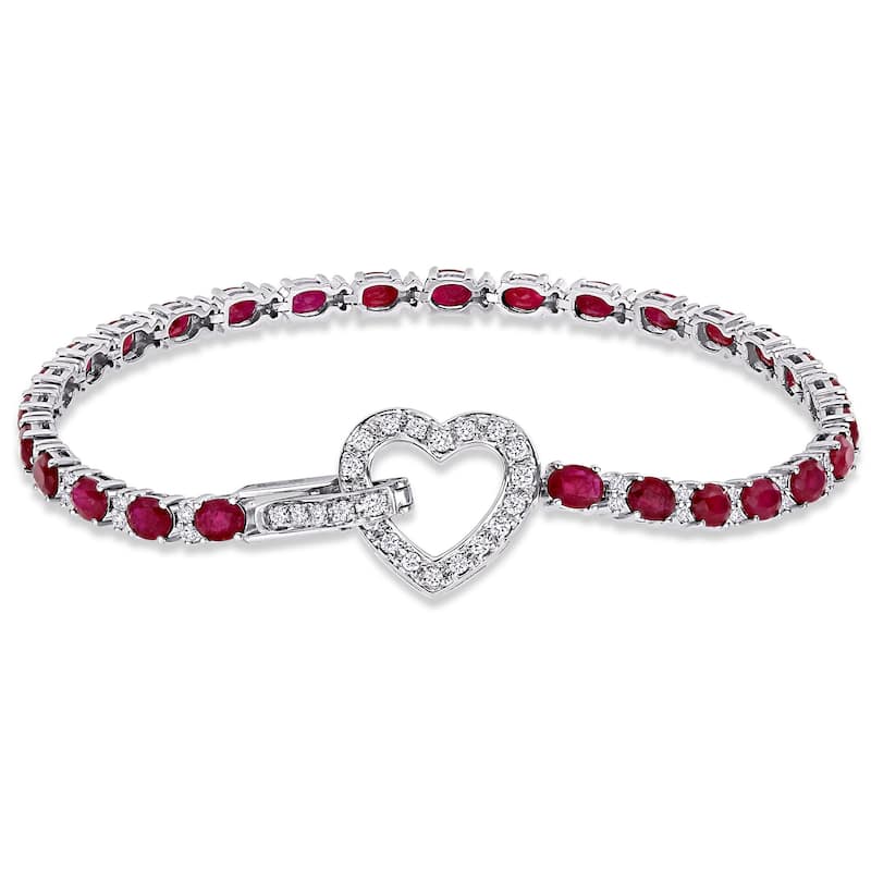 Miadora 18k White Gold Oval Ruby and 3/4ct TDW Diamond Heart Enhancer Tennis Bracelet