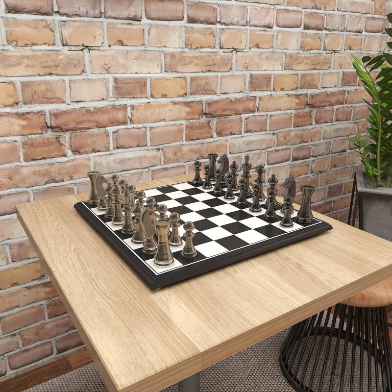 Aluminum Metal Chess Game Set with Black and Silver Pieces - Silver - Roche River Decor