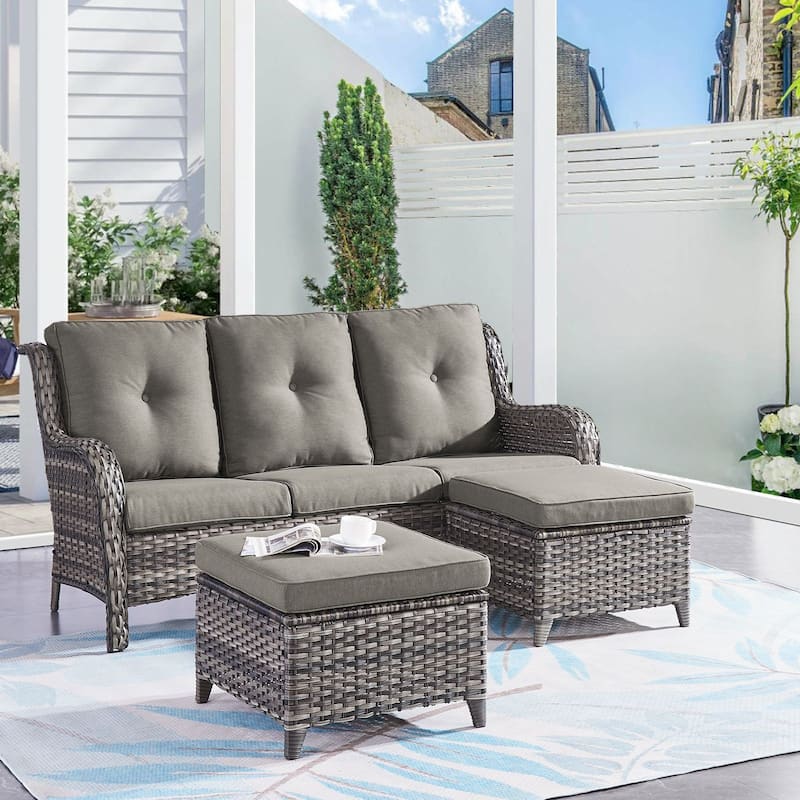 Gymojoy 3-Piece Outdoor Wicker Patio Furniture with 3 Seat Sofa, Rattan Coversation Set with Water Resistant Thick Cushions - Grey Wicker / Grey Cusion - 3-Piece