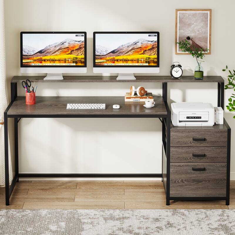 63 Inch Computer Desk with File Drawers, Ergonomic Office Desks with Monitor Stand