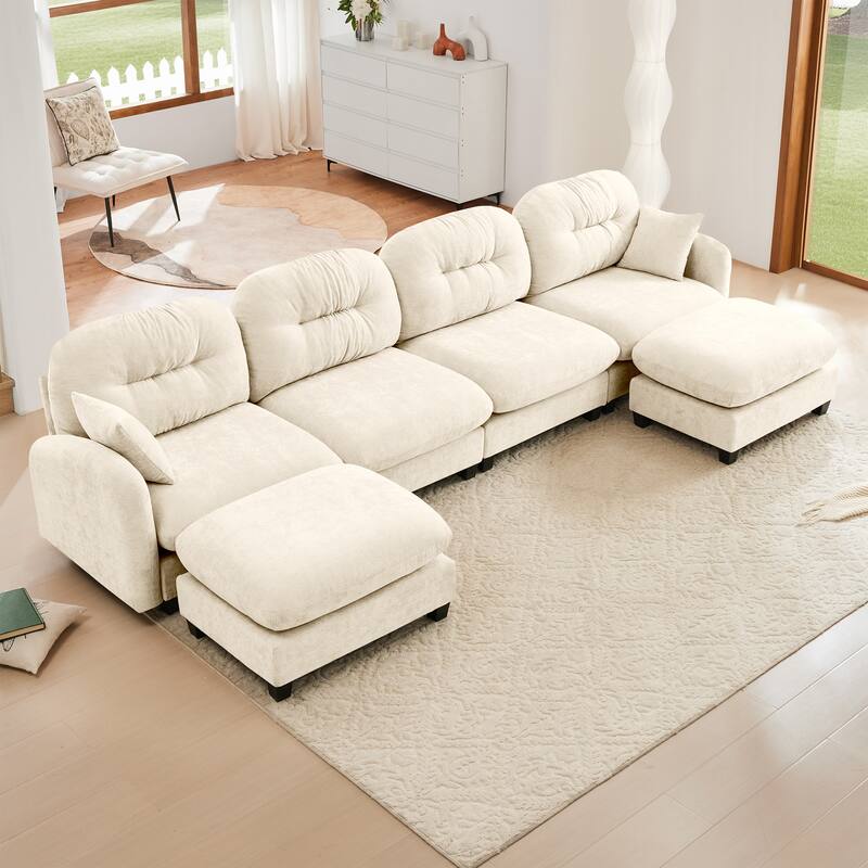 Modular Chenille Tufted Sofas Fits Bedroom, Living Rooms - Beige(4 Seat+2 Ottoman)