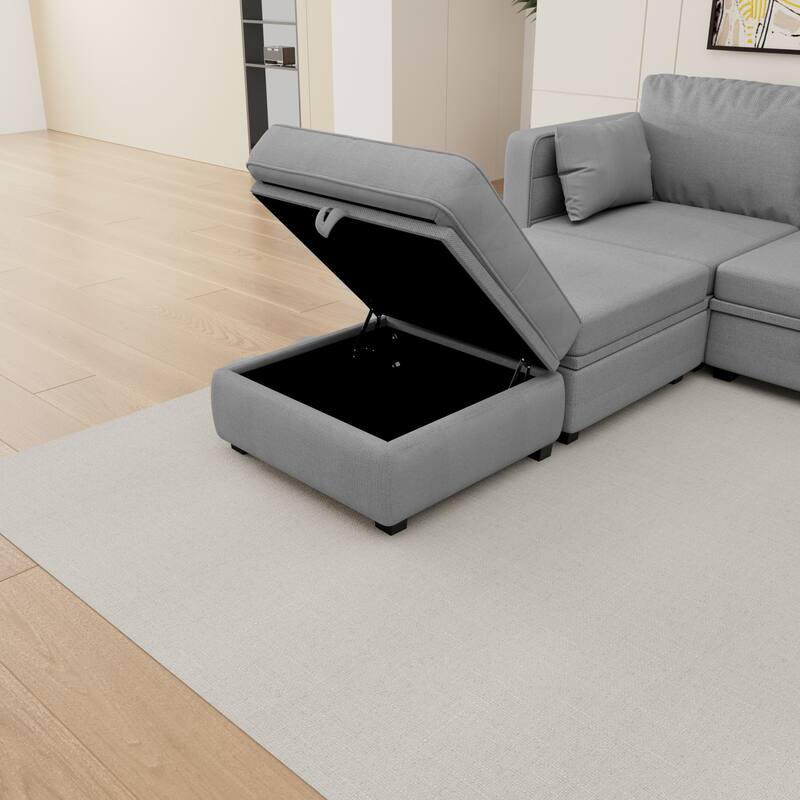 6-Seat U-Shaped Modular Reversible Sectional Sofa with Storage Ottoman