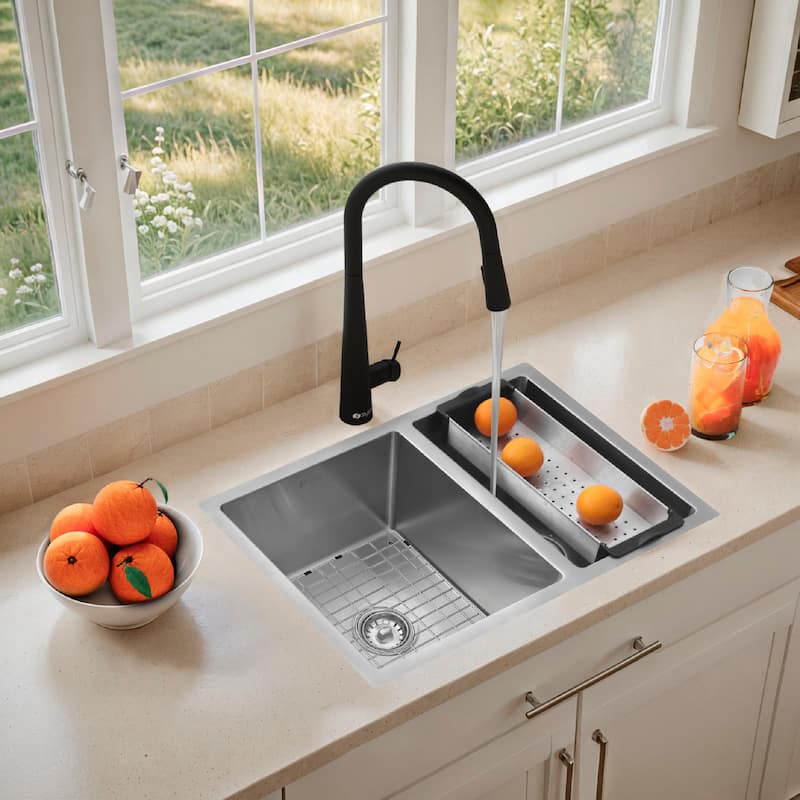 AZUNI 27 inches L x 18 inches W Double Bowl 60/40 Dual Mount 16G Reversible Kitchen Sink with Grids and Basket Strainers