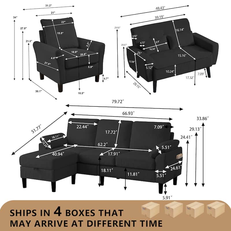 4-Piece Corduroy Living Room Sectional Sofa Set with Loveseat and Chair