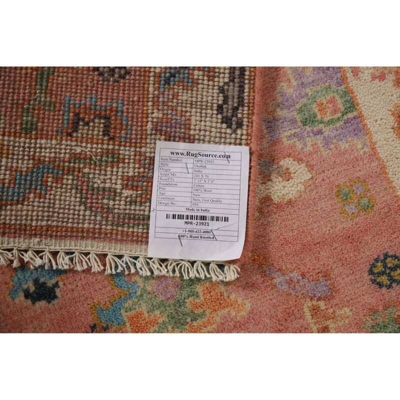 Pink Oushak Indian Runner Rug Hand-Knotted Wool Carpet - 2'6"x 7'11"