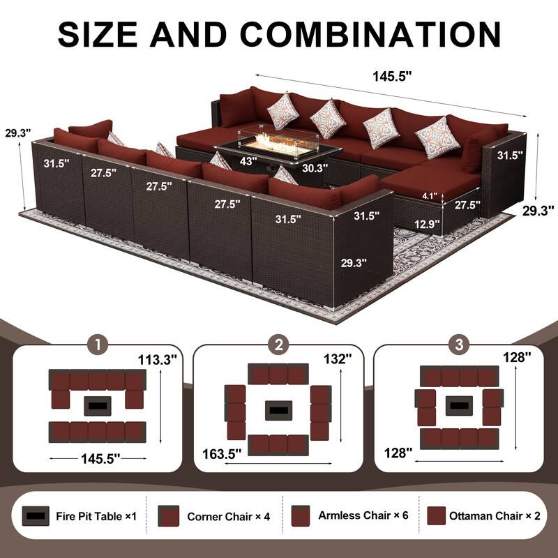 13-Piece Outdoor Wicker Patio Sectional Conversation Set with 43" CSA Fire Pit Table