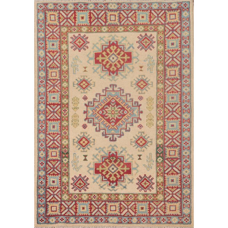 Geometric Kazak Foyer Rug Hand-Knotted Wool Carpet - 2'10" x 4'1"