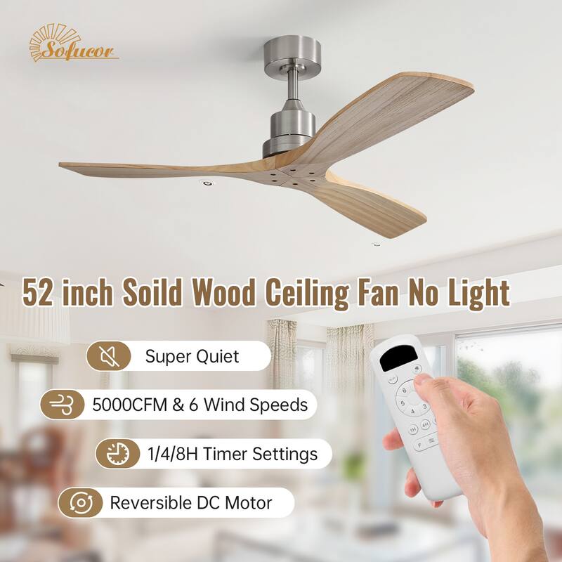 Sofucor 48/52 Inch Ceiling Fan with Light, Solid Wood Blades for Living Room, Bedroom,Smart Optional