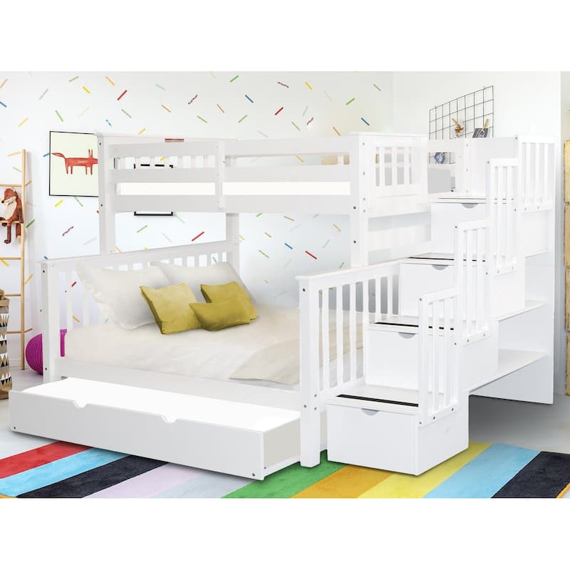 Taylor & Olive Trillium Twin over Full Stairway Bunk Bed, Full Trundle - White