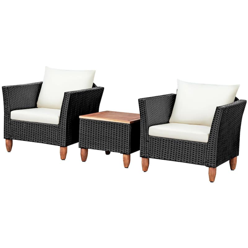 3 Pcs Outdoor Patio Rattan Furniture Set Wooden Table Top Cushioned Sofa - 29" x 27" x 28" (L x W x H)