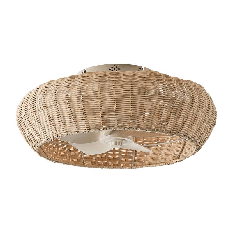 20-inch Boho Distressed White Chandelier Flush Mount Ceiling Fan with Remote and Hand-Woven Rattan Shade - 19.7" W x 7.08" H