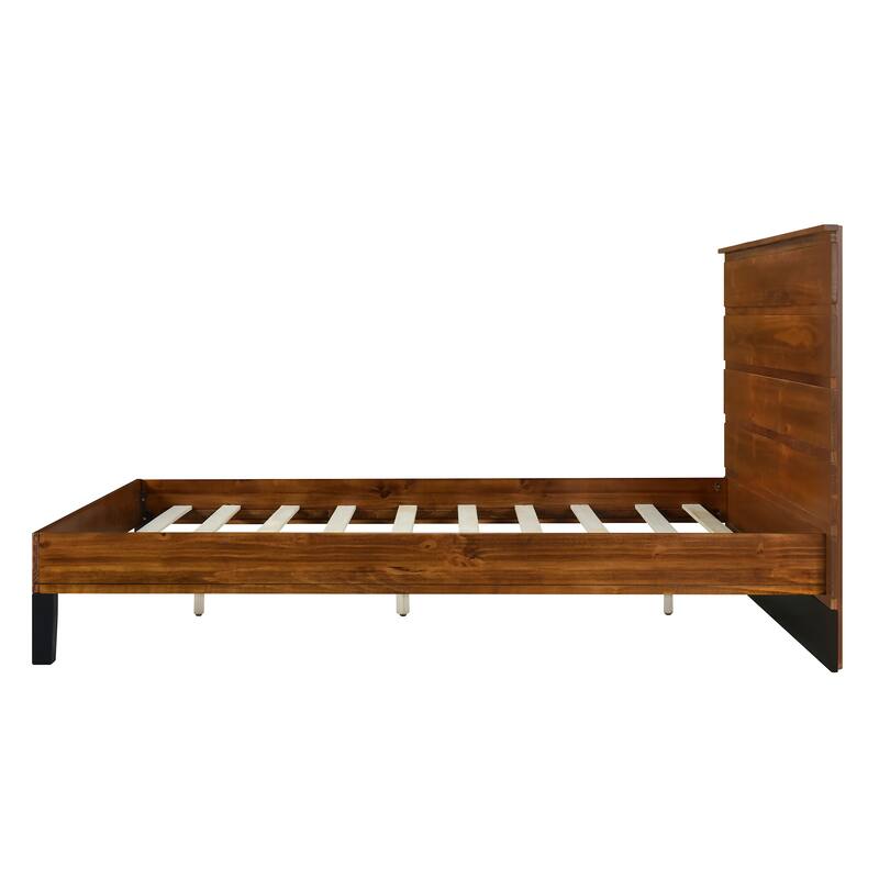 Rustic Brown Solid Wood Frame Full/Queen/King Size Panel Bed Platform Bed Frame with Six-Piece Headboard,No Box Spring Needed