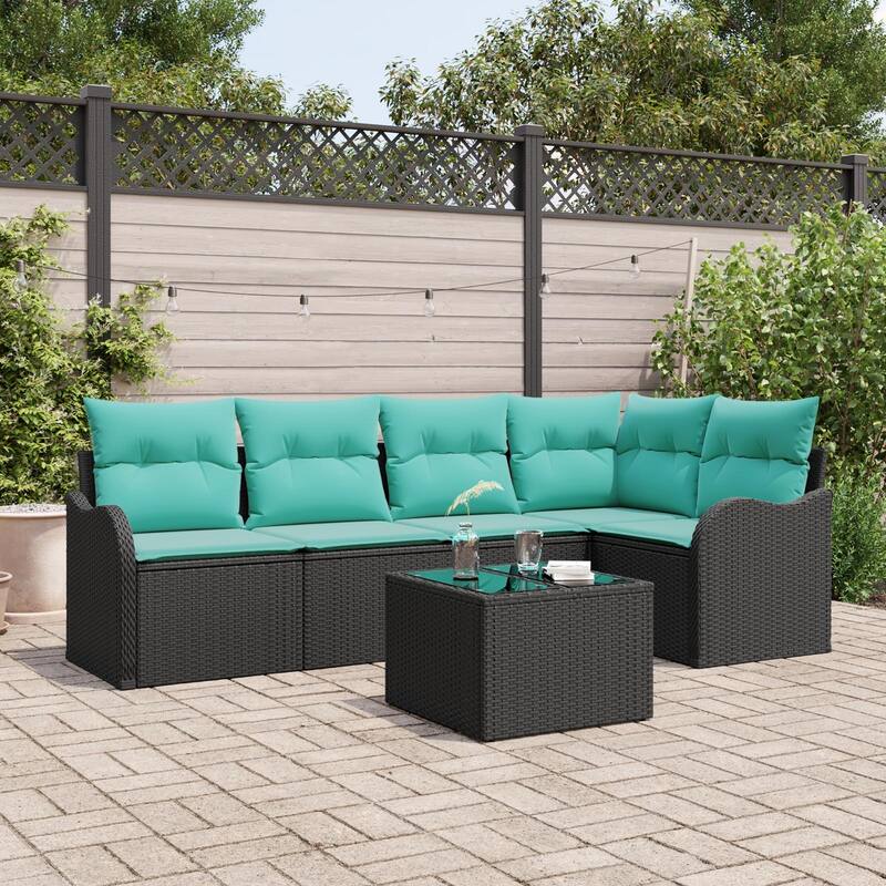 vidaXL 5 Garden Sofa Set with Cushions Black Poly Rattan - 91.5 x 48.2 x 27.2 - Black with table