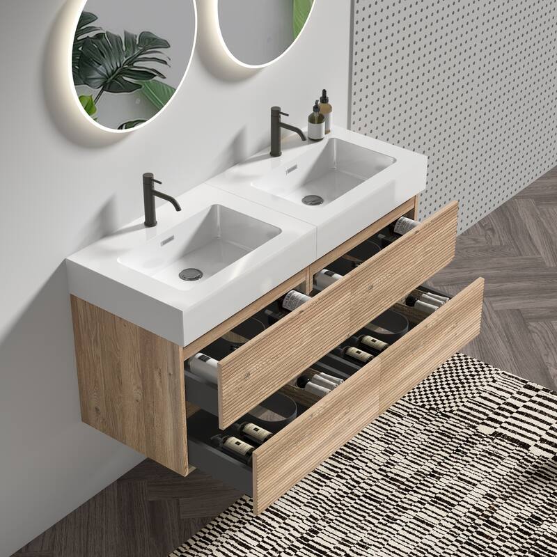 GDFStudio - Grace Wall-Mounted Bathroom Vanity with Engineered Quartz Sink & Soft Close Drawers, without Drainage and Faucet