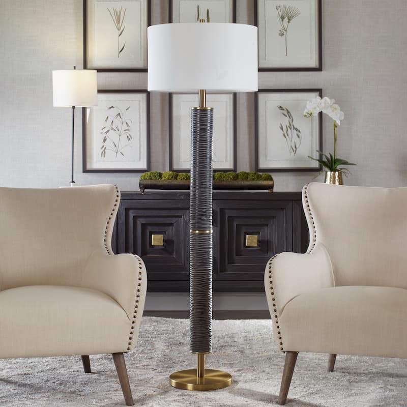 Solid Carved Floor Lamp with Drum Shade - 62.75" - Gray and Black