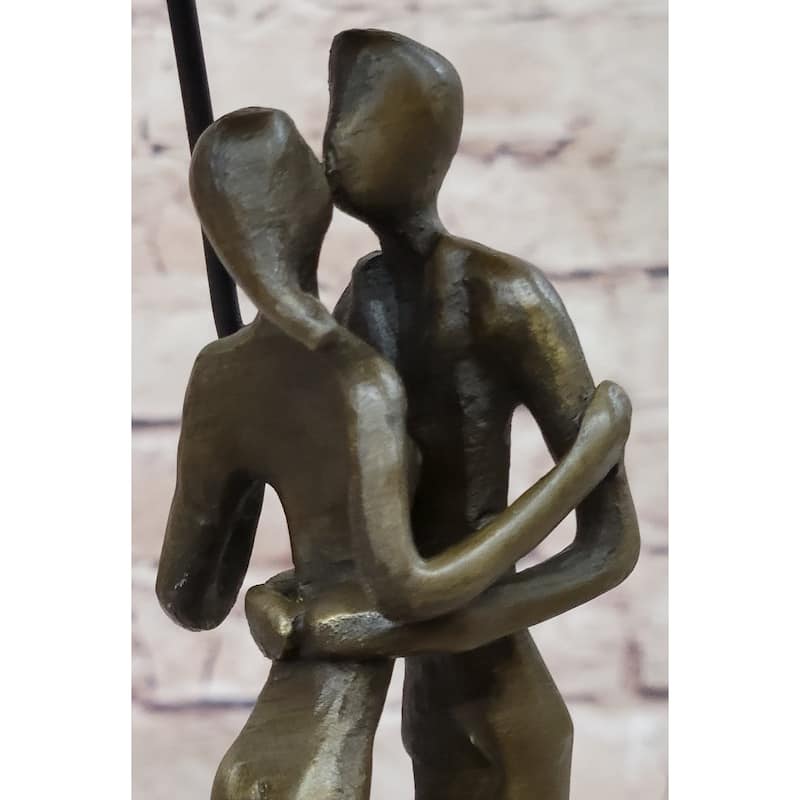Lovers Romantic Kiss Under Umbrella Abstract Bronze Sculpture Figurine Original Art