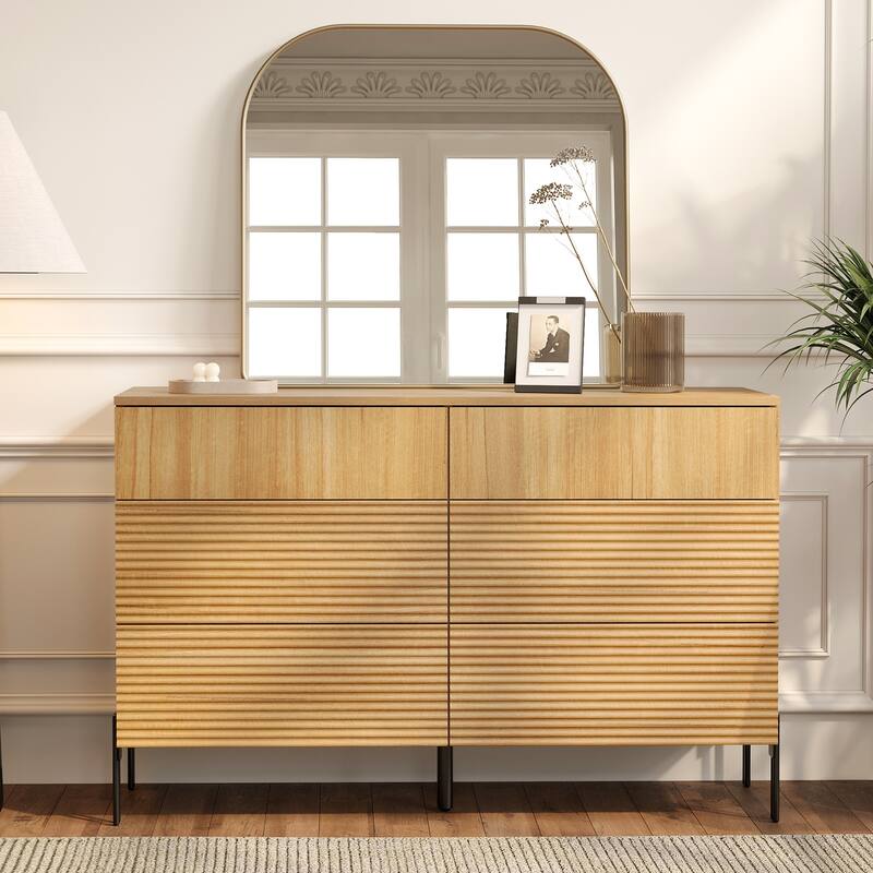 WAMPAT 6 Drawer Baby Dresser For Bedroom, Double Chest Of Drawers For Kids With Minimalist Reeded Design - Oak