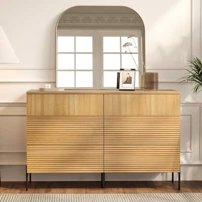 WAMPAT Minimalist 6-Drawer 47.2" W Rectangular Dresser With Reeded Details And Double-Stick Leg Design - Oak