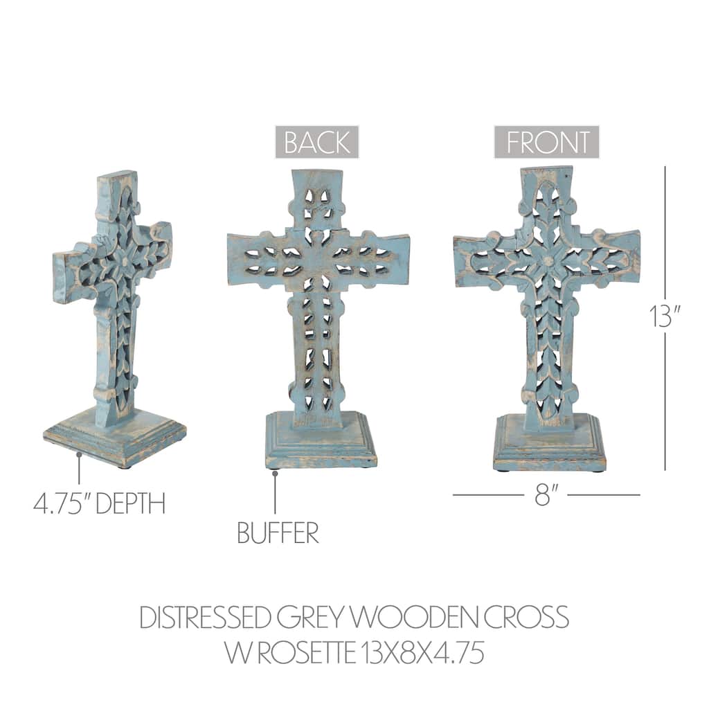 Distressed Grey Wooden Cross w/ Rosette Center & Base 13x8x5