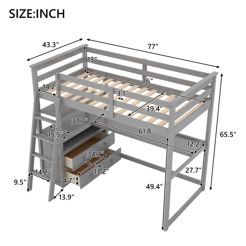 Loft Bed with Desk and Shelves, Two Built-in Drawers