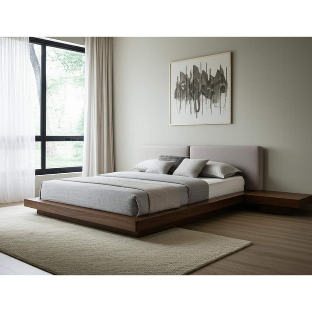 HomeRoots Gray and Walnut Wood And Faux Leather King Bed Frame With Attached Nightstands