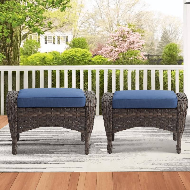 Outside Patio Wicker Ottomans Set Brown - Blue - Blue - Brown