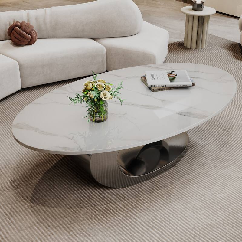 GDFStudio - Contemporary 49.2" Oval Sintered Stone Coffee Table with Sculptural Stainless Steel Base & Anti-tip Adjustable Feet