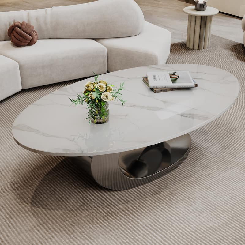Modern Marble Coffee Table Industrial Coffee Table Oval Coffee Table with Open storage and Base, for Living Rooms