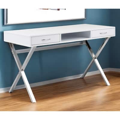 HomeRoots 47" White and Silver Wood and Metal Computer Desk With Two Drawers