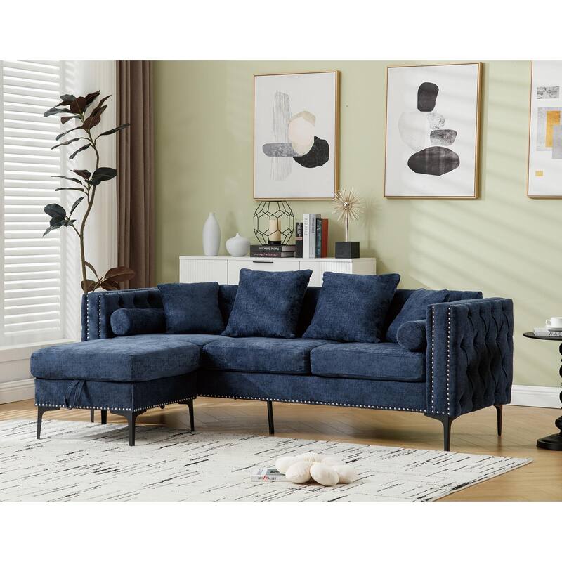 85'' L-Shaped 4 Seater Sectional Sofa with Convertible Storage Ottoman, Pillows, Solid Wood Frame, Modern Tufted Design