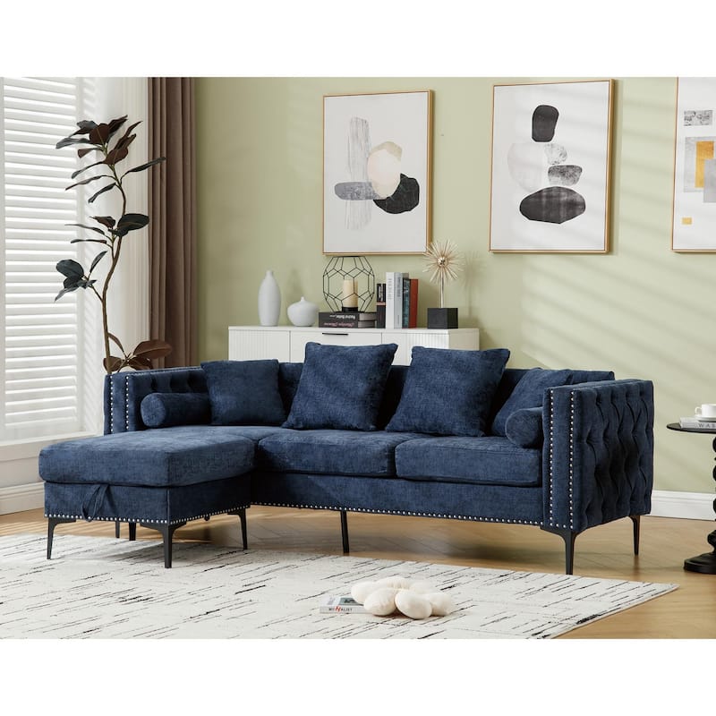 Blue 85'' L-Shaped 4-Seater Sectional Sofa with Convertible Storage Ottoman, Pillows, Solid Wood Frame, and Modern Tufted Design