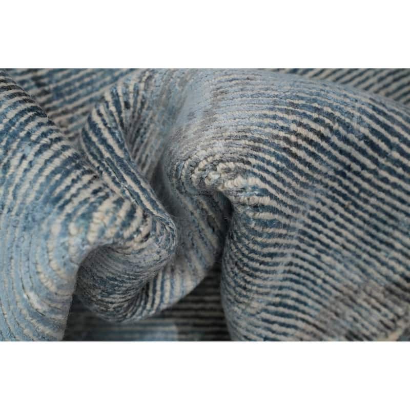 Hand Knotted Oriental Viscose Silk Carpet Modern All-Over Navy Blue & Blues Abstract Area Rug - 5' 0'' X 3' 0''
