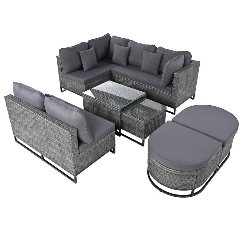 U-shape Conservation Sofa Large Modular Recliner 7 Pieces Couch Set Patio Furniture Set wCurved Ottomans, Coffee Table, Pillows
