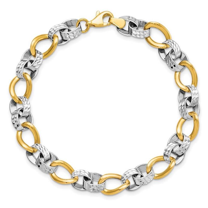 Curata 10k Two Tone Gold 7.5" 7mm Polished and Sparkle Cut Circle and Twist Link Bracelet