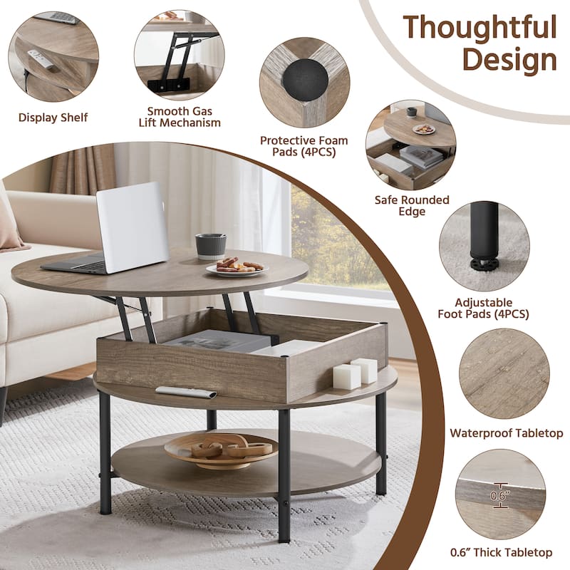 Yaheetech Round Lift Top Coffee Table with Hidden Compartment & Storage Shelf