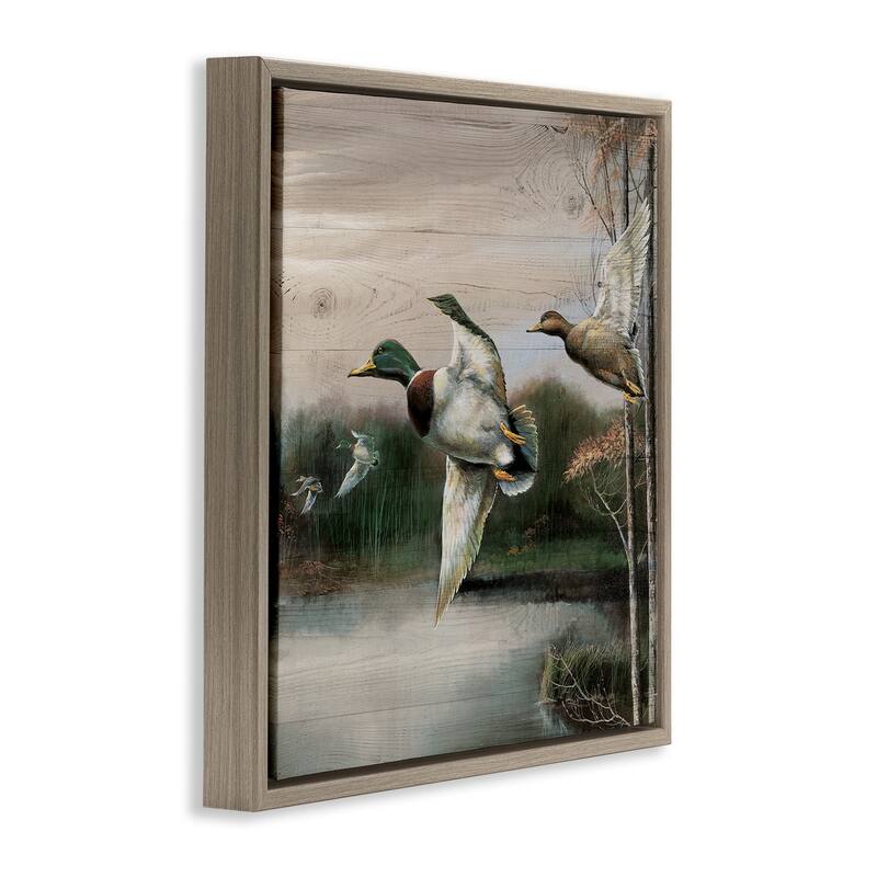 Stupell Flying Ducks in Rustic Nature Framed Floater Canvas Wall Art Design By Ruane Manning